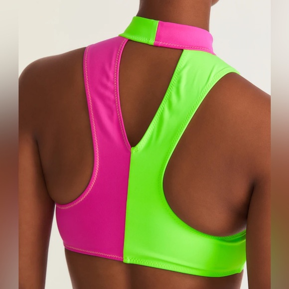 LoveShackFancy x Hurley High Neck Colorblock Bikini Top Lime Magenta - Picture 2 of 9
